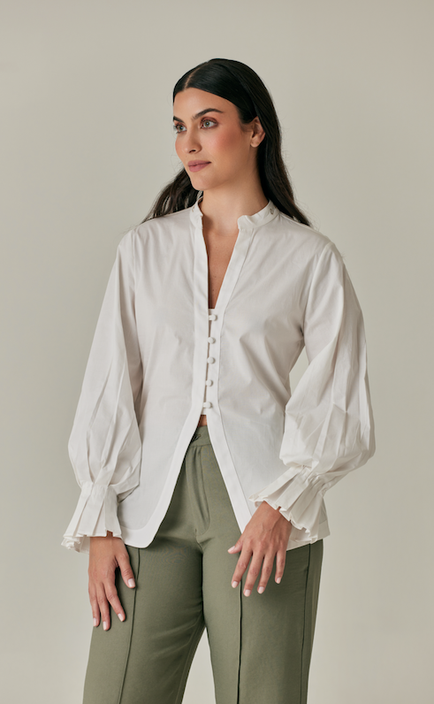 Camisa de botones blanca en algodón con cuello bordado - My Muse